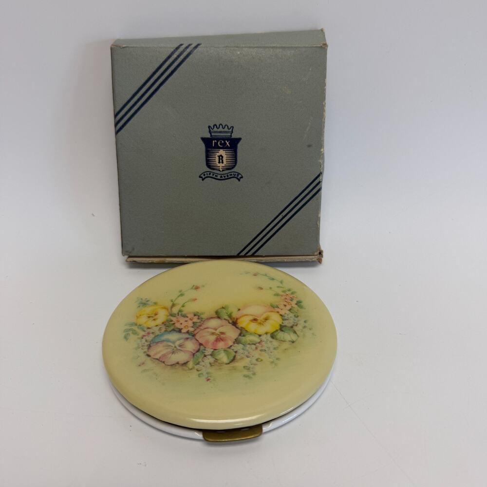 Vintage 1930s Rex Fifth Avenue Floral Pansy Celluloid Mirror Powder Puff Compact